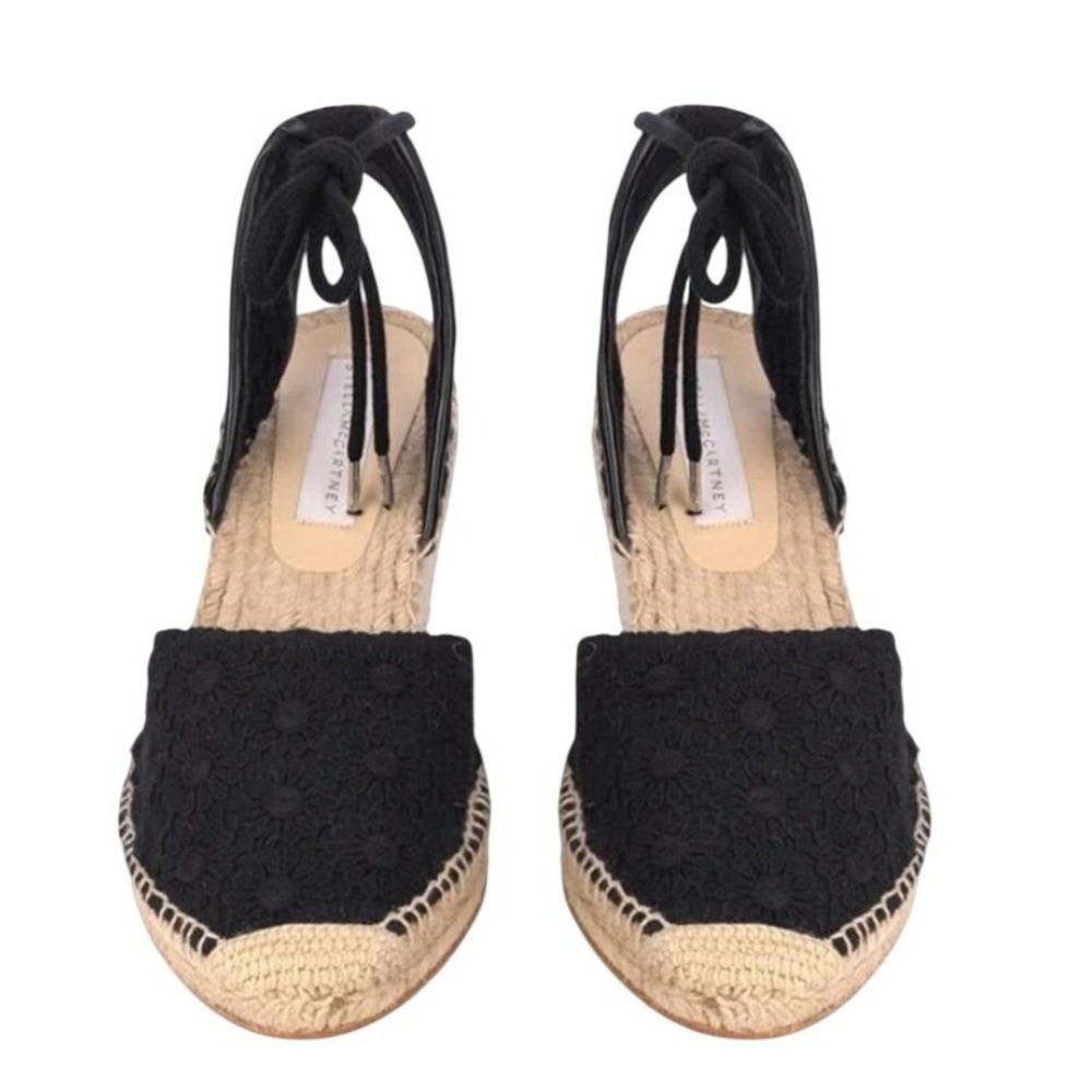 Stella McCartney Eyelet Black Floral Lace‎ Ankle Tie Espadrille Wedge Sandals 40